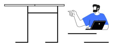 Dizüstü bilgisayarda çalışan ve masada otururken el kol hareketi yapan biri. Evden çalışma, verimlilik, iletişim, teknoloji kullanımı, uzaktan çalışma, modern ofis, dijital çalışma alanı temaları için idealdir. Soyut