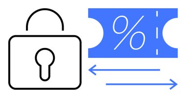Asma kilit, yüzdelik işaretli indirim kuponu ve değiş tokuşu gösteren çift yönlü oklar. Çevrimiçi güvenlik, indirimler, e-ticaret, veri koruması, mali tasarruflar, siber işlemler için ideal