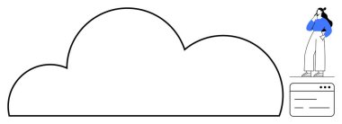 Büyük bulut şeklinde, mavi giyinmiş bir kadın, minimalist bir tarayıcı penceresinin yanında. Bulut depolama, veri yönetimi, teknoloji, yenilik, çevrimiçi hizmetler, dijital çözümler için ideal