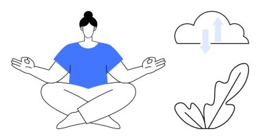 Lotus pozisyonunda meditasyon yapan bir kadın, mavi bir gömlek giyiyor, bulutlu ve yukarı doğru ok atan bir yaprağın yanında. Farkındalık, meditasyon, kendine bakım, rahatlama, dinginlik, pozitif düşünce için ideal.