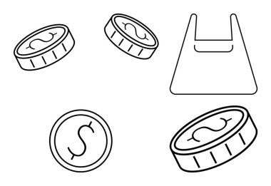Üzerinde dolar işaretleri olan bozuk paralar bir alışveriş çantasının etrafına saçılmış. E-ticaret, dijital işlemler, çevrimiçi alışveriş, tasarruf, mali yönetim, tüketim ve modern perakende için ideal. Basit.