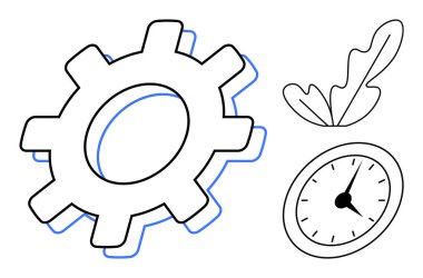 Düz vites, saat ve yaprak, soyut tarzda. Üretkenlik, zaman yönetimi, ekoloji, sanayileşme büyüme ve uyum kavramları için idealdir. Soyut çizgi düz metafor