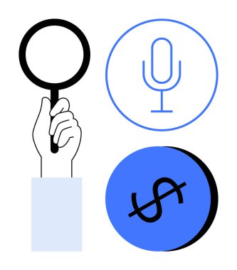 El ele tutuşan büyüteç, daire şeklinde mavi mikrofon ve daire şeklinde dolar işareti. Araştırma, iletişim, finans, teknoloji, analiz, ekonomi ve soruşturma gibi konular için ideal