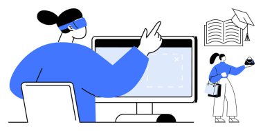 Sanal gerçeklik kulaklığı kullanan dijital öğretmen büyük ekranda 3D nesneleri keşfediyor. Eğitim, teknoloji, e-öğrenme, yenilik, gelecek, öğretim, sanal gerçeklik için ideal