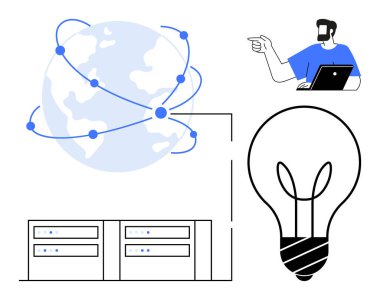 Dizüstü bilgisayarı olan bir adam, düğümlerle bağlantılı bir dünya, veri sunucuları ve büyük bir ampul. Dijital dönüşüm, yenilik, küresel bağlantı, veri depolama, teknoloji yaratıcılığı için ideal