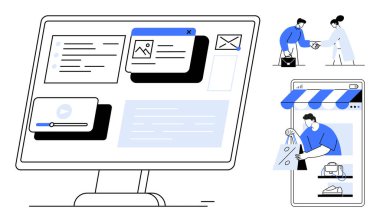 Web içerikli masaüstü ekranı, iki kişinin el sıkışması, cep telefonundan alışveriş yapması. Çevrimiçi iş, e-ticaret, sanal işbirliği, dijital iletişim, web tasarımı, teknoloji için ideal