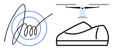 Signature with concentric circles symbolizing verification, minimalist drone design, sleek high-speed train. Ideal for technology, transport, security, innovation, future concepts, branding clipart