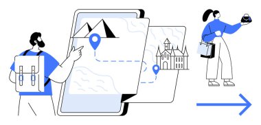 Sırt çantalı gezgin dijital haritaya, dağlara ve binalara giden güzergahlara, kadın alışverişine bakıyor. Seyahat planlaması, navigasyon, teknoloji, turizm, macera, kentsel keşif tüketicisi için ideal