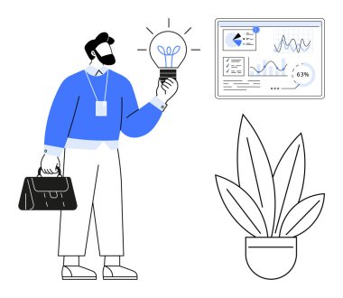 Elinde ampul tutan bir iş adamı veri analiz ekranı ve saksı bitkisinin yanında duruyor. Yenilik için ideal, iş büyümesi, üretkenlik, yaratıcılık, teknoloji, liderlik stratejisi. Soyut çizgi