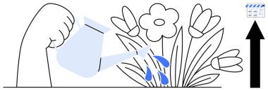 Elinizde bir sulama kabı, damlacıklarla çiçekleri sulama, yakınlardaki büyüme oku ve planlama belgesi var. Büyüme, yetiştirme, bakım ve başarı gelişimi planlamak için idealdir. Soyut çizgi