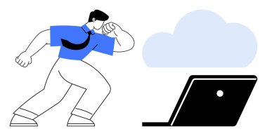 Mavi gömlekli ve kravatlı iş adamı bir dizüstü bilgisayarın üstündeki buluta uzanıyor, teknolojiyi temsil ediyor, bulut hesaplama. İş büyümesi için ideal, teknolojik yenilik, bulut hizmetleri, dijital