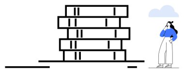 Kadın bir yığın kitap düşünüyor, düşünceyi, eğitimi ve kişisel gelişimi sembolize ediyor. Eğitim, bilgi, kariyer geliştirme, karar verme, kişisel gelişim için ideal