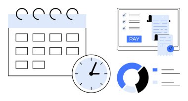 Ödeme makbuzunu gösteren takvim, saat ve tablet çizelge çizelgesi, zaman izleme ve finansal işlemler. Üretkenlik, zamanlama, finans yönetimi ve planlama için ideal