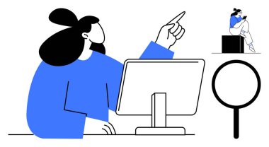 Mavi kazaklı kadın monitörü işaret ediyor. Tabletli başka bir kadın, büyüteç. Çevrimiçi arama, araştırma, analiz, teknik destek, eğitim, dijital iletişim işyeri için ideal