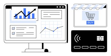 Bilgisayar monitörü veri tabloları ve grafikleri gösteriyor, alışveriş arabası, satın alma tuşu ve kredi kartı olan bir mağaza önü. E-ticaret için ideal, çevrimiçi işlemler, dijital analizler, iş büyümesi