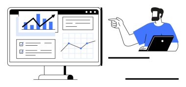 Veri analisti bilgisayar ekranında dizüstü bilgisayar kullanırken çeşitli grafik ve grafikleri inceliyor. Veri analizi, iş stratejisi, teknoloji, araştırma, sunumlar, eğitim ve uzaktan kumanda için ideal