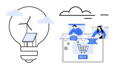 Rüzgar türbini ve ampulün içindeki güneş paneli yenilenebilir enerjiyi sembolize ediyor. İki kişi internetten nakit para ve indirim teklifleriyle alışveriş yapıyor. Sürdürülebilirlik, eTicaret, teknoloji için ideal