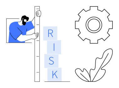 Üzerinde RISK yazan mavi blokları ölçen kişi, yanında bir dişli ve minimalist yaprak çizimi var. Risk yönetimi, iş stratejisi, analiz, değerlendirme, büyüme, strateji, işlemler için ideal