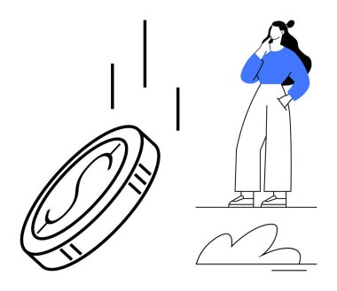 Düşen parayı düşünen, poz veren bir kadın. Finans, ekonomi, karar verme, yatırım, belirsizlik, para ve soyut düz çizgi metaforu için ideal
