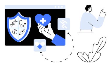 Tıbbi simgelerle kalkan, haçla el ele tutuşan kalp, soyut insan figürü. Sağlık, dijital sağlık, tıbbi yenilik, çevrimiçi hizmetler, sağlık teknolojisi, tıbbi güvenlik için ideal