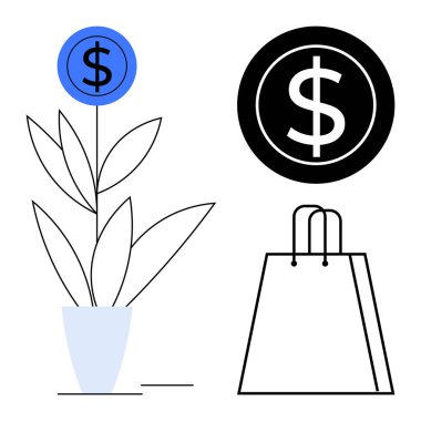 Dolar sembolü çiçekli para fabrikası, büyük siyah para ve alışveriş çantası. Finansal büyüme, yatırım, tasarruf, e-ticaret, alışveriş finans eğitimi ekonomik eğilimleri için idealdir. Çizgi