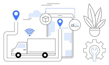 GPS simgeleri, akıllı telefon izleme arayüzü, kablosuz sinyal, paket ve kamyon simgelerine sahip düz dizayn dağıtım kamyonu. Nakliye, lojistik, konum takibi ve akıllı teknoloji için ideal