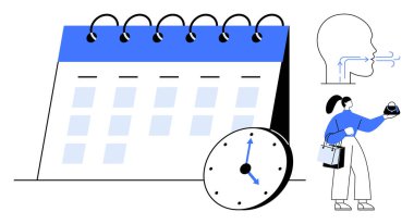 Takvim işaretlemesi, saat işlemesi, nefes egzersizi yapan biri ve kahve fincanı taşıyan biri. Zaman yönetimi, verimlilik, sağlık, farkındalık, stres planlama için ideal