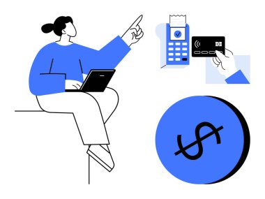 İşaret eden, dizüstü bilgisayarı tutan, faturalı ödeme terminali, giriş kartı, mavi halkalı dolar işareti. Finans, e-ticaret, fintech, dijital ödeme çevrimiçi bankacılık için ideal