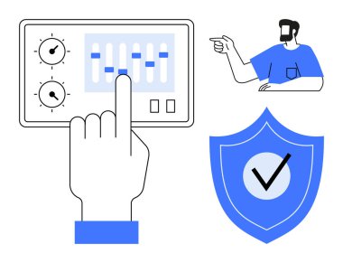 Sürgüleri ayarlayan uzaktan kumanda, el etkileşimi, işaret eden kişi ve işaretli güvenlik kalkanı. Teknoloji, güvenlik, kontrol, yönetim, uzaktan kumanda koruma teknolojisi için ideal