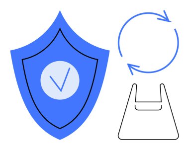 İşaretli mavi kalkan, iki dairesel ok ve alışveriş çantası taslağı. Güvenlik, doğrulama, geri dönüşüm, sürdürülebilirlik, e-ticaret tüketiciyi koruma güveni için ideal. Soyut satır düzlüğü