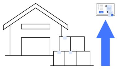 Depo yapısı, istiflenmiş envanter kasaları, yukarı doğru ok ve online ödeme makbuzu. Lojistik, tedarik zinciri, büyüme, çevrimiçi ödeme sistemleri, iş verimliliği finans yönetimi için ideal