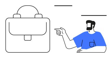 Mavi gömlekli bir adam evrak çantasını işaret ediyor. İş hedefleri, kariyer rehberliği, iş arama, mesleki kalkınma, iş hayatı dengesi, verimlilik ipuçları, ofis ortamı için ideal