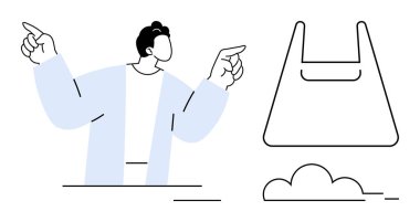 Plastik bir torbayı işaret eden kişi, alttaki bulutu. Sürdürülebilirlik, eko-farkındalık, atık azaltma, rehberlik, çevre eğitimi, kirliliği önleme yaşam tarzı tercihleri için ideal. Soyut çizgi