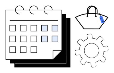 Vurgulanmış tarihli takvim, fiyat etiketli alışveriş çantası ve teçhizat. Planlama, programlama, verimlilik, ticaret, iş organizasyonu e-ticaret için ideal. Soyut çizgi düz metafor