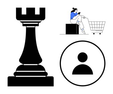 Siyah satranç kalesi, telefon kullanan oturaklı bir alışveriş arabası, kullanıcı profili simgesi. İş stratejisi için ideal, karar verme, e-ticaret, kullanıcı bağlantısı, modern yaşam tarzı, müşteri odaklı