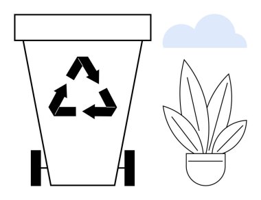 Çevre dostu üçgen sembollü geri dönüşüm kutusu, yuvarlak bir saksıda saksı, bulutların üstünde bulut. Sürdürülebilirlik, eko-farkındalık, geri dönüşüm, çevre koruma, kentsel bahçe, atık