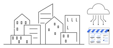 Gökdelenler ve bir buluta bağlı birden fazla bina, küçük bir dijital mağaza önü gösteriyor. Akıllı şehir kavramları için ideal, IoT, bulut hesaplama, dijital ticaret, modern mimari, kentsel