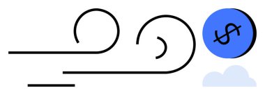 Siyah çizgiler rüzgar girdapları oluşturur, bir dolar işaretli mavi bir daireyi iterek, altında bir bulut olur. Finans, ekonomi, değişim, hareket, iş eğilimleri, hızlı yatırımlar için idealdir.