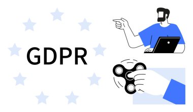 Dizüstü bilgisayarı olan bir adam, el ele tutuşan bir fırıldak, kelime GDPR ve yıldızlar. Veri koruması, düzenleyici uyum, bilgi güvenliği, iş ahlakı, hukuki kavramlar, dijital haklar için ideal