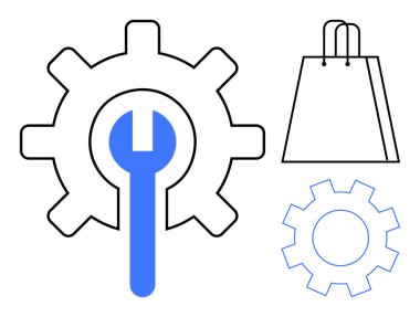 Ortasında mavi ingiliz anahtarı olan vites, alışveriş çantası ve ikincil taslak ekipman. İş, mühendislik, araçlar, perakende, ticaret bakımı ve üretkenlik temaları için idealdir. Satır metaforu