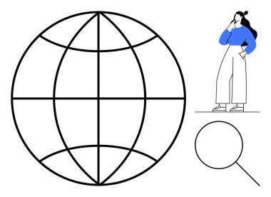 Kadın figürü düşünceli bir şekilde bir küre ve büyüteç yanında duruyor. Küresel araştırmalar, keşifler, araştırmalar, problem çözme, merak, bilgi ve keşifler için ideal. Basit.