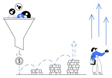 Değişik avatarları dolar işaretine filtreleyen huni, kar artışını temsil eden para yığınları, yükselen oklar göstererek başarıyı kutlayan iş kadını. İş stratejisi ve pazarlama için ideal