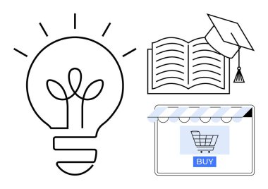 Bitkili ampul yeniliği simgeler, mezuniyet şapkalı açık kitap eğitimi, e-ticaret alışveriş arabası web sitesini temsil eder. Yenilik, eğitim, çevrimiçi öğrenme, e-ticaret için ideal