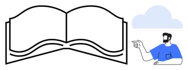 Bulutun altında işaret eden bir adamın olduğu kocaman açık bir kitap. Eğitim, öğrenme, rehberlik, edebiyat, hikaye anlatma, ilham verici hayal teması için idealdir. Basit soyut çizgi düz metafor