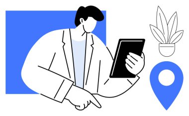Profesyonel bir iş adamı, tablet kullanıyor, elini işaret ediyor. Bir lokasyon iğnesi ve saksı bitkisi de dahil. İş planlaması, navigasyon, teknoloji, verimlilik, uzaktan çalışma ve danışmanlık için ideal