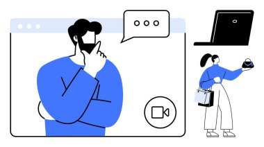 Diğer dükkanlar çevrimiçi iken dijital arayüz içinde video görüşmelerine danışmanlık yapan kişi. E-ticaret, müşteri hizmetleri, sanal toplantılar, online danışma, dijital iletişim, uzaktan kumanda için ideal