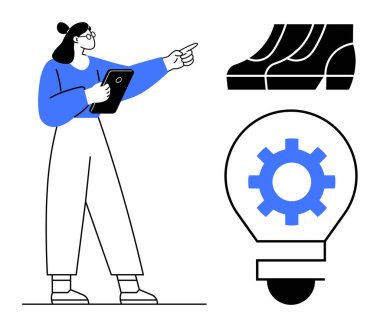 Endüstriyel makineye ve içinde ekipman bulunan ampulü gösteren bir pano tutan kadın. Mühendislik, yenilik, teknoloji, imalat, proje yönetimi, planlama, verimlilik için ideal. Mavi