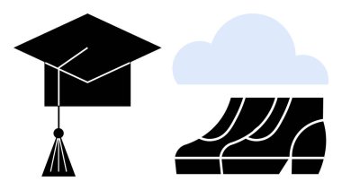 Mezuniyet şapkası, bulutun altındaki ayakkabılarla ayakların yanında. Eğitim, hedefler, başarı, arzu, yolculuk, başarı ve kişisel gelişim temaları için idealdir. Minimalist düz çizgi metaforu