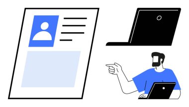 Profil belgesi, dizüstü bilgisayar ve elinde dizüstü bilgisayar tutan bir adam. İşe alım, iş arama, İK değerlendirmesi, kariyer rehberliği, dijital işe alım, aday tarama ve iş stratejisi için ideal