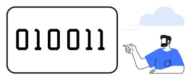 Ekranda 010011 sayılı ikili kod dizisi ve onu işaret eden bir adam. Teknolojik öğrenme, kodlama, veri analizi, eğitim, dijital iletişim, yazılım geliştirme ve yenilik için ideal